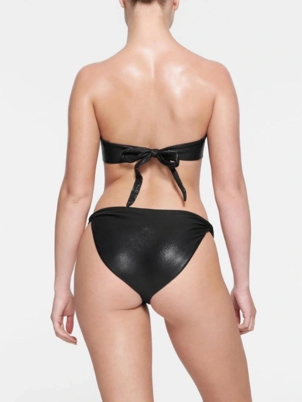 SKIMS Liquid Shine Black Strapless Knot Bandeau Bikini Set—S & XS